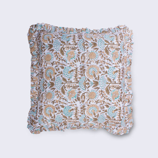 Quiet Authority Khaki, Aqua & Olive Floral Frilled Cushion | Handmade Indian Block Print Cushion