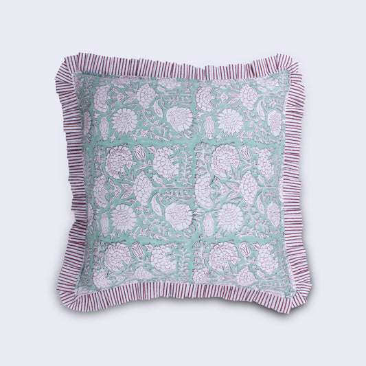 Water of the Nile - Eau de Nil & Aubergine Floral Frilled Cushion | Handmade Indian Block Print Cushion