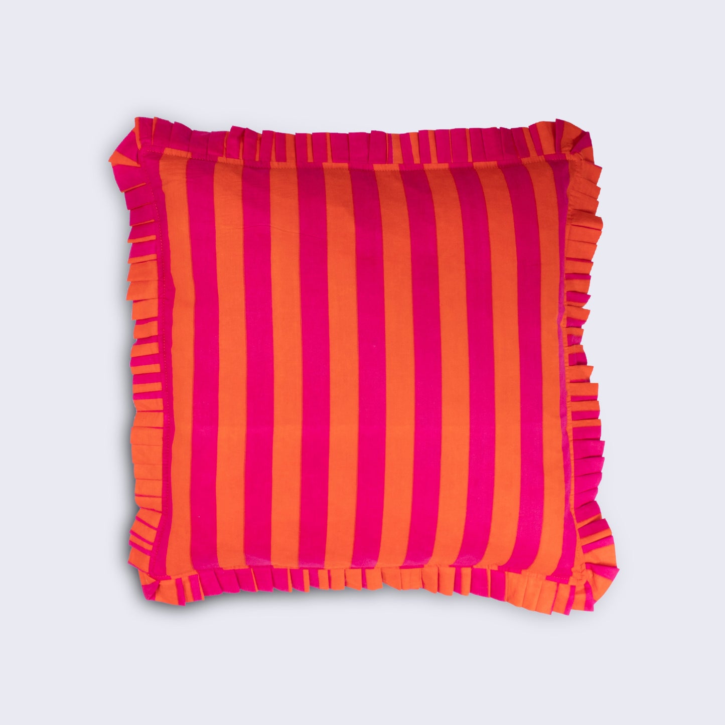 Zest for Life-Orange & Cerise Stripe Frilled Cushion | Handmade Indian Block Print Cushion