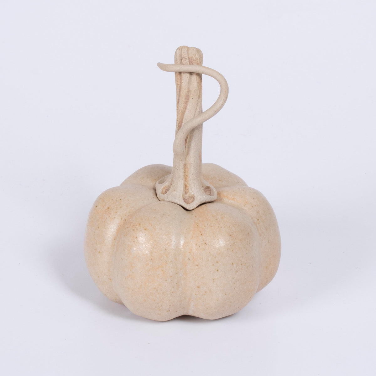 Handmade ceramic pumpkin by Gerry Unsworth, pale speckled cream glaze with tall twisted looping stalk, 10cm x 14cm, signed British studio pottery
