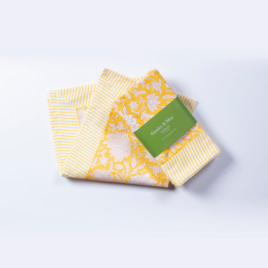 Sunshine Dahlia Hand Block-Printed Cotton Napkins – Yellow